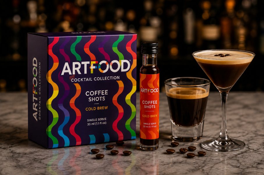 ArtFood Coffee Shots: estuche Cocktail Collection, botella monodosis de 33 ml y espresso martini sobre una barra